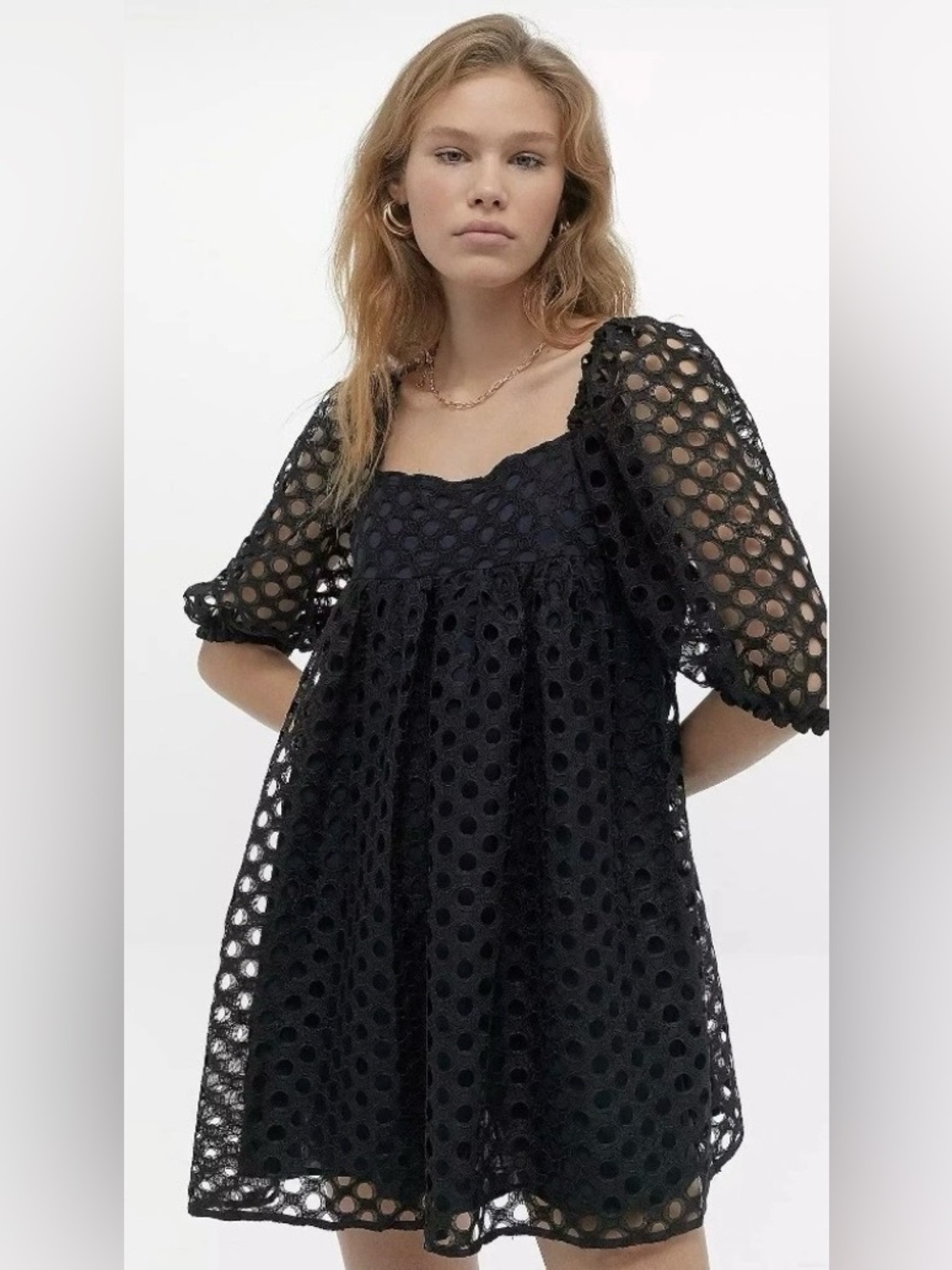 Kimchi Blue Eyelet Babydoll Mini Dress Black Whimsigoth Size Small